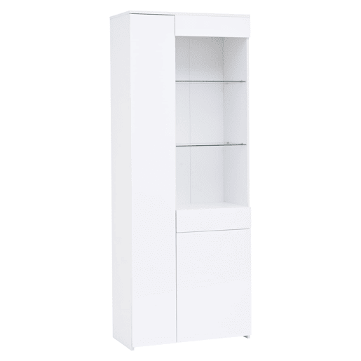 Vitrine 70x35x180 cm - Altura brilhante, vidro com LED, gavetas, armazenamento - Branco