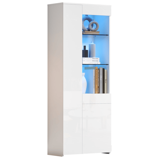 Vitrine 70x35x180 cm - Altura brilhante, vidro com LED, gavetas, armazenamento - Branco
