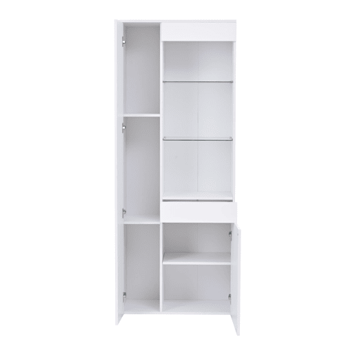 Vitrine 70x35x180 cm - Altura brilhante, vidro com LED, gavetas, armazenamento - Branco