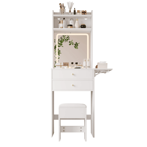 Penteadeira pequena 75x156x45 cm - LED regulável, 2 gavetas, 2 compartimentos, painéis rebatíveis - Branco