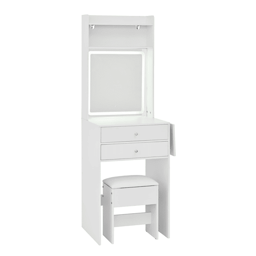 Penteadeira pequena 75x156x45 cm - LED regulável, 2 gavetas, 2 compartimentos, painéis rebatíveis - Branco