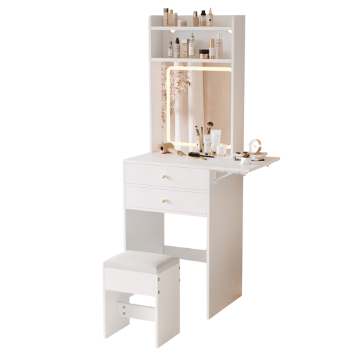 Penteadeira pequena 75x156x45 cm - LED regulável, 2 gavetas, 2 compartimentos, painéis rebatíveis - Branco