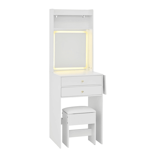 Penteadeira pequena 75x156x45 cm - LED regulável, 2 gavetas, 2 compartimentos, painéis rebatíveis - Branco