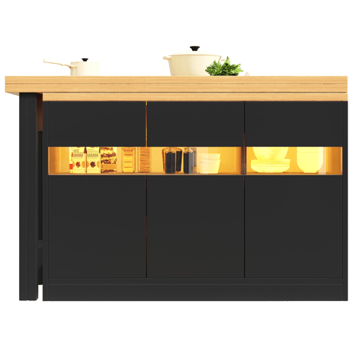 Mesa de bar extensível 120-180 cm - Com LED, rotação de 360°, com arrumação - Preto, Natural Mesa de bar extensível 120-180 cm - Com LED, rotação de 360°, com arrumação - Preto, Natural