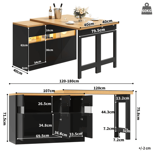 Mesa de bar extensível 120-180 cm - Com LED, rotação de 360°, com arrumação - Preto, Natural Mesa de bar extensível 120-180 cm - Com LED, rotação de 360°, com arrumação - Preto, Natural