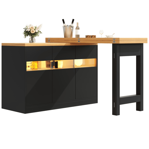 Mesa de bar extensível 120-180 cm - Com LED, rotação de 360°, com arrumação - Preto, Natural Mesa de bar extensível 120-180 cm - Com LED, rotação de 360°, com arrumação - Preto, Natural