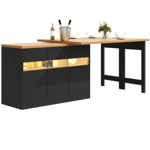 Mesa de bar extensível 120-180 cm - Com LED, rotação de 360°, com arrumação - Preto, Natural Mesa de bar extensível 120-180 cm - Com LED, rotação de 360°, com arrumação - Preto, Natural