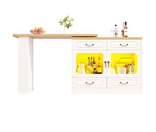 Mesa de bar extensible 135-203 cm - con almacenamiento, 360° giratorio, led - blanco