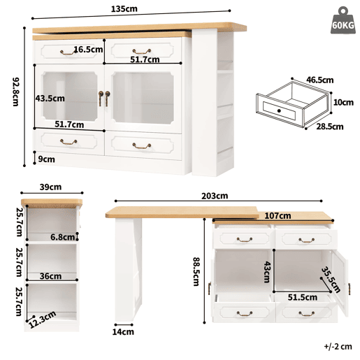 Mesa de bar extensível 135-203 cm - Com arrumação, giratória 360°, LED - Branca