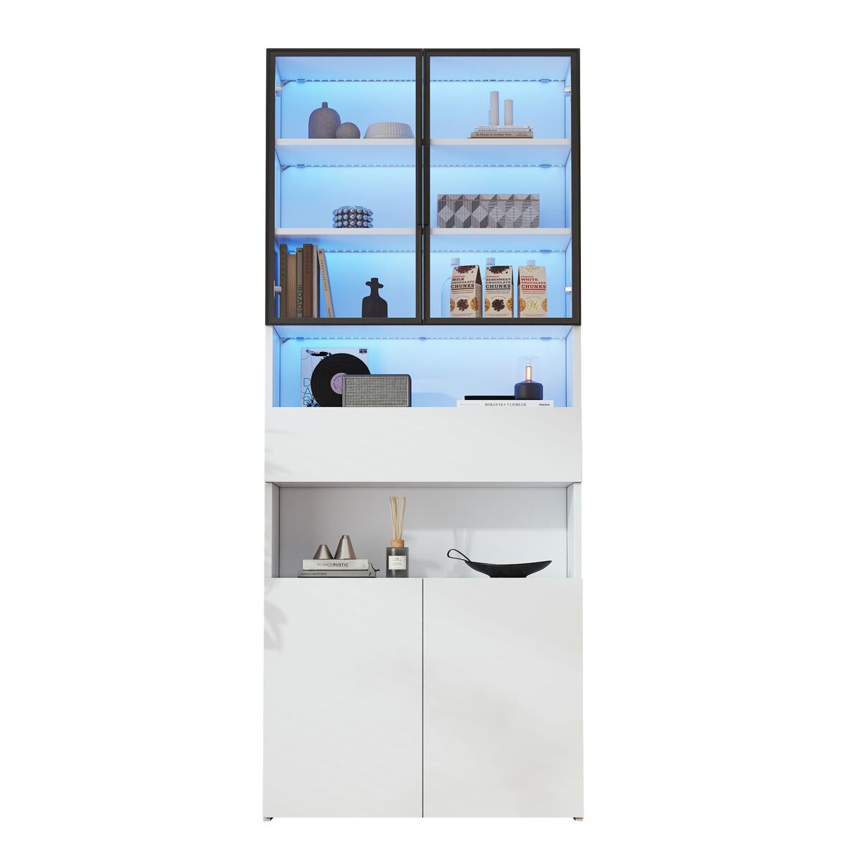 Vitrina 70x30x200 cm - vitrina con led, cajones y estantes abiertos - blanco