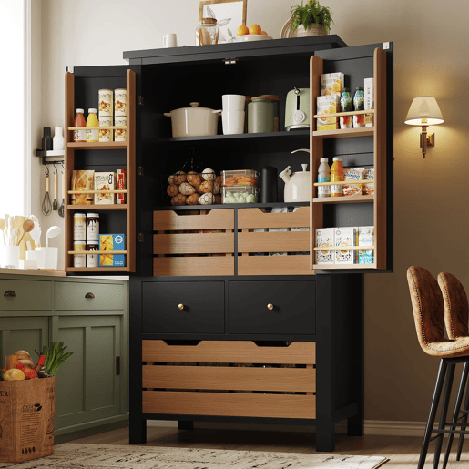 Aparador 80x40x140 cm - Buffet alto, 2 portas, 5 gavetas - Preto Aparador 80x40x140 cm - Buffet alto, 2 portas, 5 gavetas - Preto