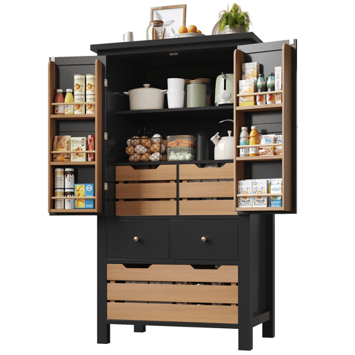 Aparador 80x40x140 cm - Buffet alto, 2 portas, 5 gavetas - Preto Aparador 80x40x140 cm - Buffet alto, 2 portas, 5 gavetas - Preto