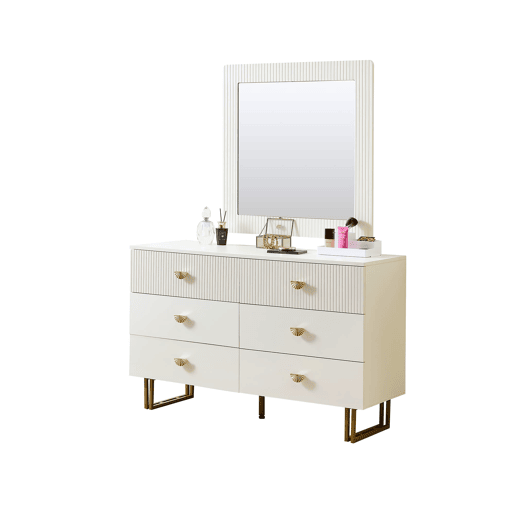 Conjunto aparador e espelho 80x80 cm - 6 gavetas com detalhes dourados - Branco