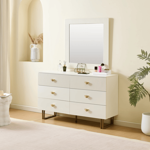 Conjunto aparador e espelho 80x80 cm - 6 gavetas com detalhes dourados - Branco