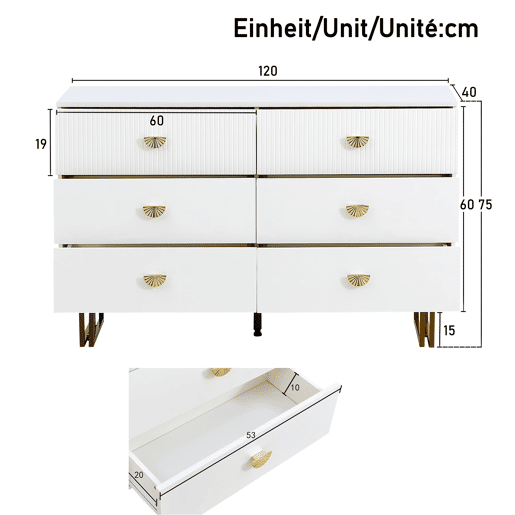 Conjunto aparador e espelho 80x80 cm - 6 gavetas com detalhes dourados - Branco