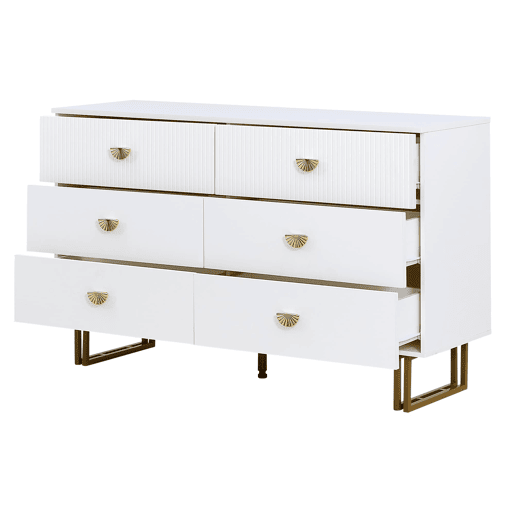Conjunto aparador e espelho 80x80 cm - 6 gavetas com detalhes dourados - Branco