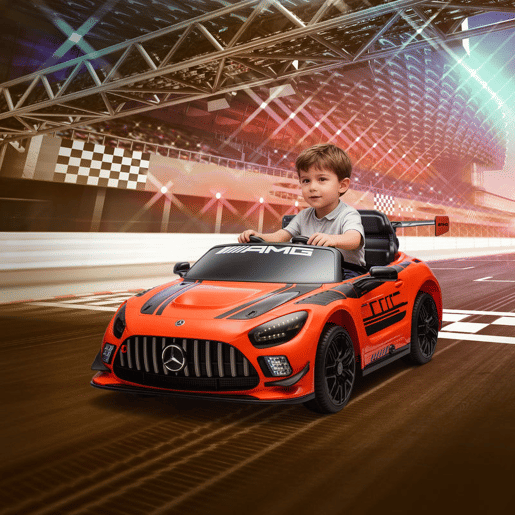 AIYAPLAY Carro Elétrico para Crianças Mercedes-AMG GT3 Evo Carro de Bateria 12V com Controlo Remoto 2,4G Motor Duplo Rodas Auxiliares Alça de Transporte Música Faróis 115x66x44 cm Laranja