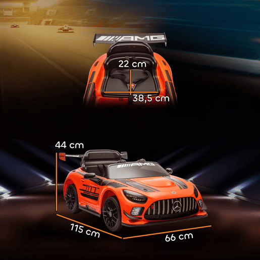 AIYAPLAY Carro Elétrico para Crianças Mercedes-AMG GT3 Evo Carro de Bateria 12V com Controlo Remoto 2,4G Motor Duplo Rodas Auxiliares Alça de Transporte Música Faróis 115x66x44 cm Laranja