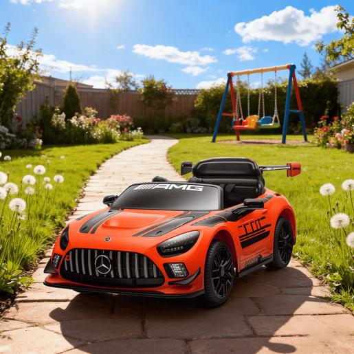 AIYAPLAY Carro Elétrico para Crianças Mercedes-AMG GT3 Evo Carro de Bateria 12V com Controlo Remoto 2,4G Motor Duplo Rodas Auxiliares Alça de Transporte Música Faróis 115x66x44 cm Laranja