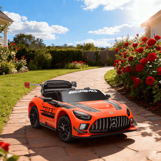 AIYAPLAY Carro Elétrico para Crianças Mercedes-AMG GT3 Evo Carro de Bateria 12V com Controlo Remoto 2,4G Motor Duplo Rodas Auxiliares Alça de Transporte Música Faróis 115x66x44 cm Laranja