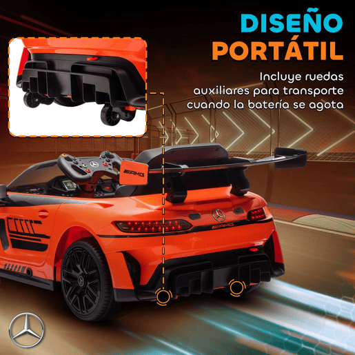 AIYAPLAY Carro Elétrico para Crianças Mercedes-AMG GT3 Evo Carro de Bateria 12V com Controlo Remoto 2,4G Motor Duplo Rodas Auxiliares Alça de Transporte Música Faróis 115x66x44 cm Laranja