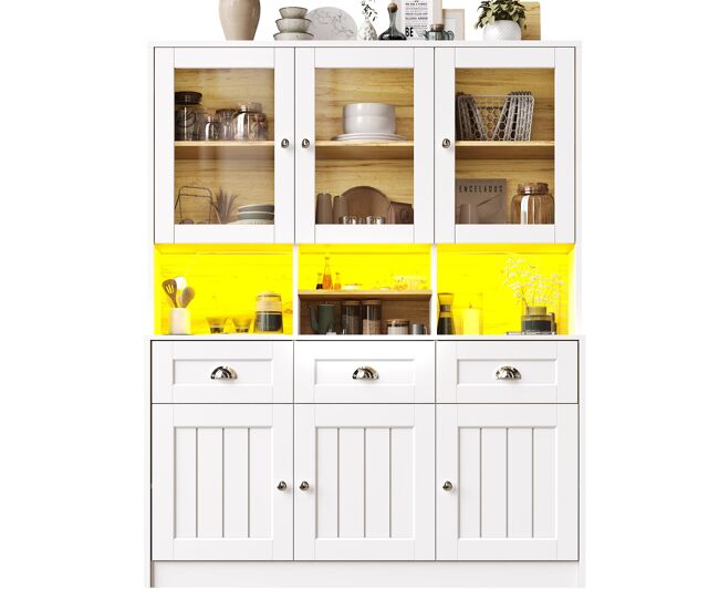 Aparador 140x40x175 cm - vitrina con estantes ajustables y led - blanco