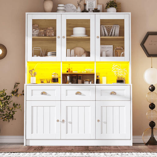 Aparador 140x40x175 cm - Vitrina com prateleiras ajustáveis e LED - Branco