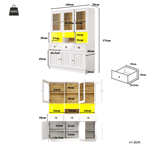 Aparador 140x40x175 cm - Vitrina com prateleiras ajustáveis e LED - Branco
