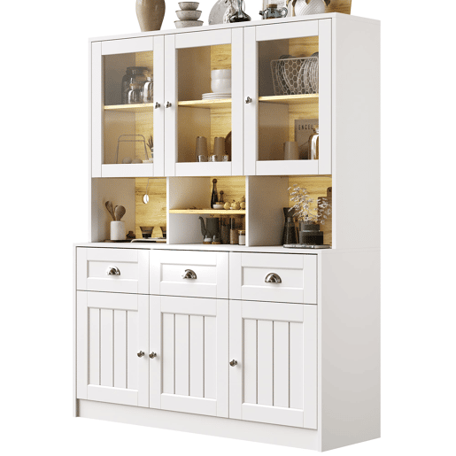 Aparador 140x40x175 cm - Vitrina com prateleiras ajustáveis e LED - Branco
