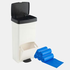 Conjunto de lixeira para reciclagem de 70L, nas cores preto e branco, vertical, com 2 compartimentos e 76cm de altura. Inclui 75 sacos de lixo sob medida: 5 rolos de 30L cada.