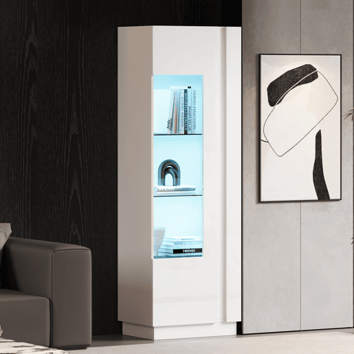 Vitrine 80x35x200 cm - Portas de vidro, LED, prateleiras e porta-garrafas - Branco