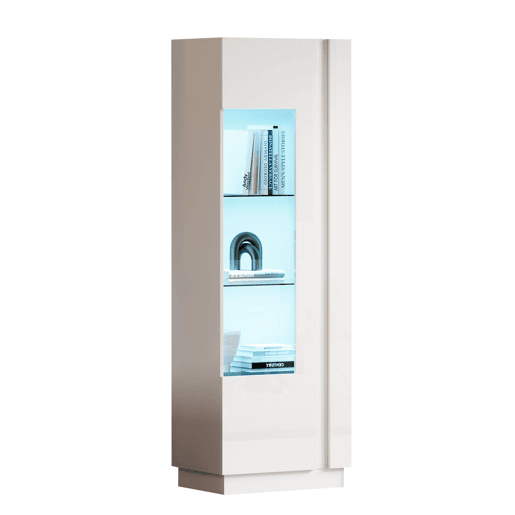 Vitrine 80x35x200 cm - Portas de vidro, LED, prateleiras e porta-garrafas - Branco