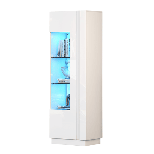 Vitrine 80x35x200 cm - Portas de vidro, LED, prateleiras e porta-garrafas - Branco