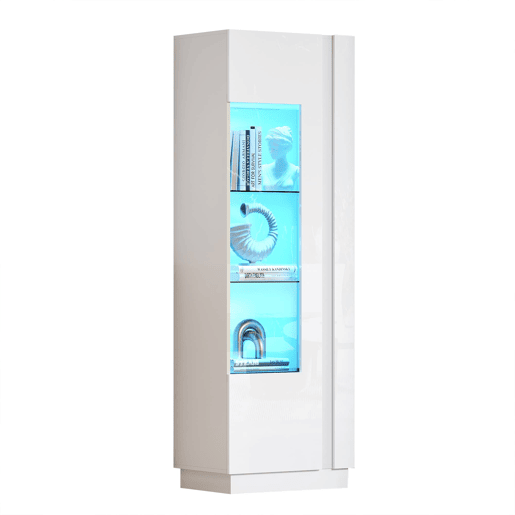 Vitrine 80x35x200 cm - Portas de vidro, LED, prateleiras e porta-garrafas - Branco