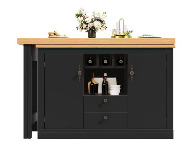 Mesa de bar extensible 120-180 cm - con función de giro 360° y almacenamiento - negro