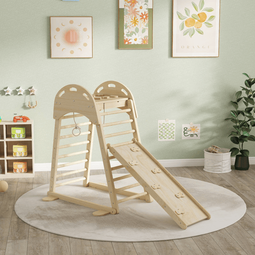 AIYAPLAY Triângulo de Escalada Montessori 6 em 1 Estrutura de Madeira com Plataforma Anéis e Escorrega para Escalar ou Deslizar para Crianças de 18-48 Meses Interiores Madeira