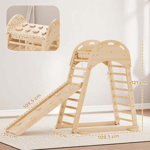 AIYAPLAY Triângulo de Escalada Montessori 6 em 1 Estrutura de Madeira com Plataforma Anéis e Escorrega para Escalar ou Deslizar para Crianças de 18-48 Meses Interiores Madeira