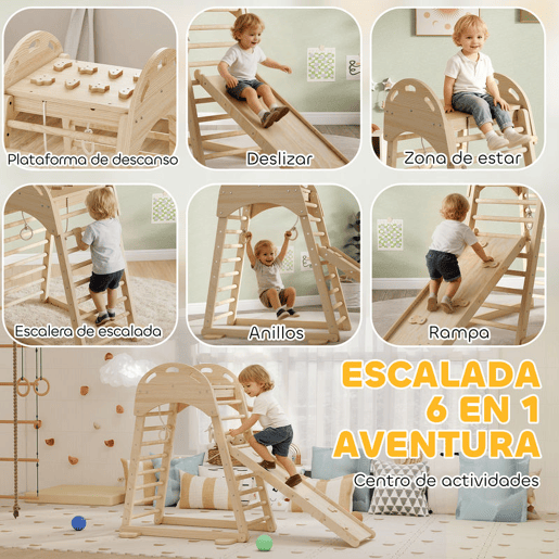 AIYAPLAY Triângulo de Escalada Montessori 6 em 1 Estrutura de Madeira com Plataforma Anéis e Escorrega para Escalar ou Deslizar para Crianças de 18-48 Meses Interiores Madeira