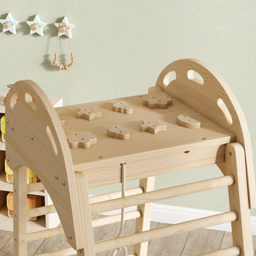 AIYAPLAY Triângulo de Escalada Montessori 6 em 1 Estrutura de Madeira com Plataforma Anéis e Escorrega para Escalar ou Deslizar para Crianças de 18-48 Meses Interiores Madeira