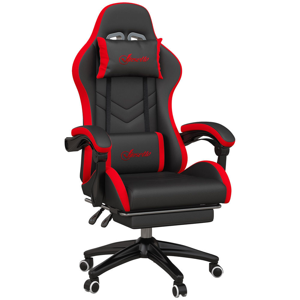 Vinsetto silla gaming ergonómica, silla gamer de cuero pu con reclinable 135°, soporte lumbar, altura ajustable, reposacabezas y reposapiés retráctil, para oficina, estudio, negro y rojo