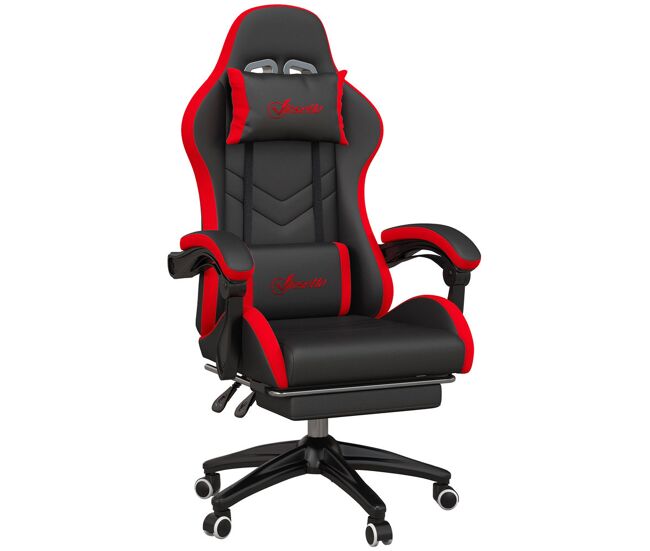 Vinsetto silla gaming ergonómica, silla gamer de cuero pu con reclinable 135°, soporte lumbar, altura ajustable, reposacabezas y reposapiés retráctil, para oficina, estudio, negro y rojo