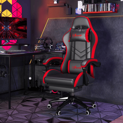 Vinsetto Cadeira Gaming Ergonómica Reclinável 135° Cadeira Gamer Racing de Couro PU com Suporte Lombar Altura Ajustável Apoio para a Cabeça e Apoio para os Pés Retrátil 65x65x129 cm Preto e Vermelho