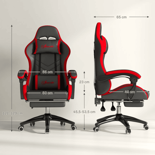 Vinsetto Cadeira Gaming Ergonómica Reclinável 135° Cadeira Gamer Racing de Couro PU com Suporte Lombar Altura Ajustável Apoio para a Cabeça e Apoio para os Pés Retrátil 65x65x129 cm Preto e Vermelho