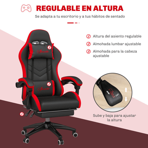 Vinsetto Cadeira Gaming Ergonómica Reclinável 135° Cadeira Gamer Racing de Couro PU com Suporte Lombar Altura Ajustável Apoio para a Cabeça e Apoio para os Pés Retrátil 65x65x129 cm Preto e Vermelho