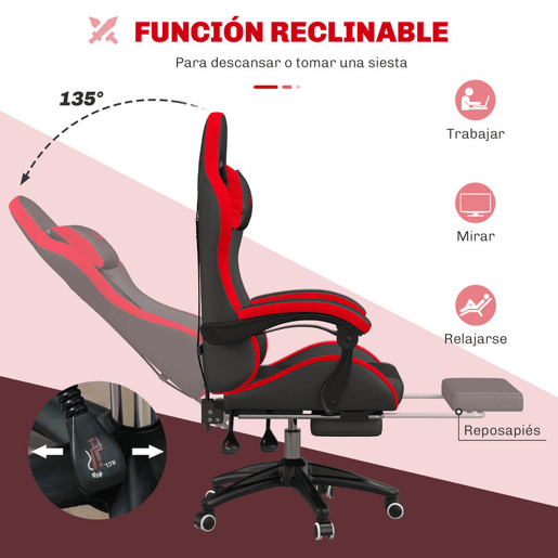 Vinsetto Cadeira Gaming Ergonómica Reclinável 135° Cadeira Gamer Racing de Couro PU com Suporte Lombar Altura Ajustável Apoio para a Cabeça e Apoio para os Pés Retrátil 65x65x129 cm Preto e Vermelho