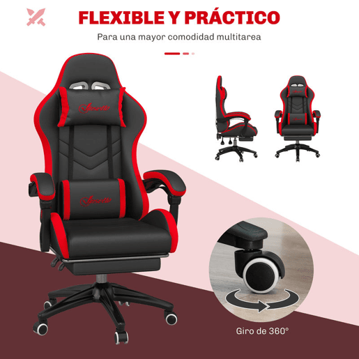 Vinsetto Cadeira Gaming Ergonómica Reclinável 135° Cadeira Gamer Racing de Couro PU com Suporte Lombar Altura Ajustável Apoio para a Cabeça e Apoio para os Pés Retrátil 65x65x129 cm Preto e Vermelho