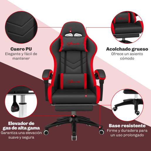 Vinsetto Cadeira Gaming Ergonómica Reclinável 135° Cadeira Gamer Racing de Couro PU com Suporte Lombar Altura Ajustável Apoio para a Cabeça e Apoio para os Pés Retrátil 65x65x129 cm Preto e Vermelho