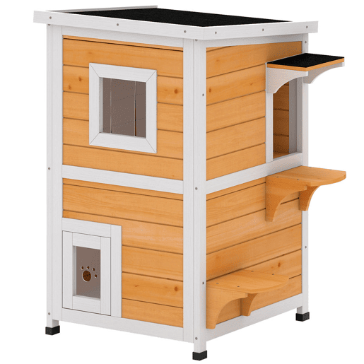 PawHut Casa para Gatos Exterior em Madeira 2 Níveis com Telhado Basculante Painel Central Removível Janelas Portas para Terraço Varanda Jardim 51x51x81,3 cm Madeira