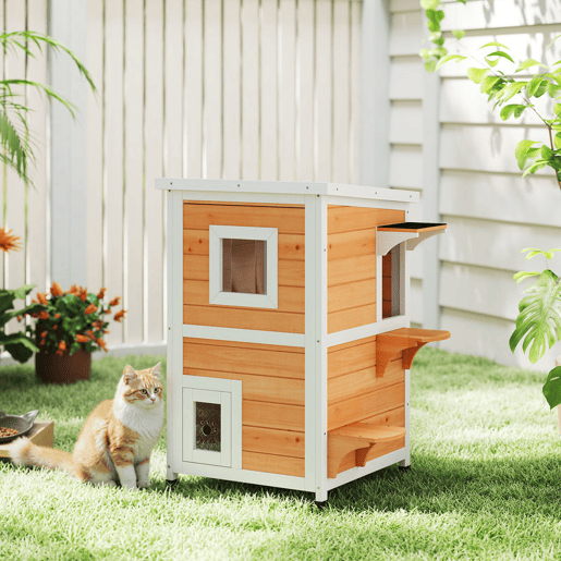 PawHut Casa para Gatos Exterior em Madeira 2 Níveis com Telhado Basculante Painel Central Removível Janelas Portas para Terraço Varanda Jardim 51x51x81,3 cm Madeira