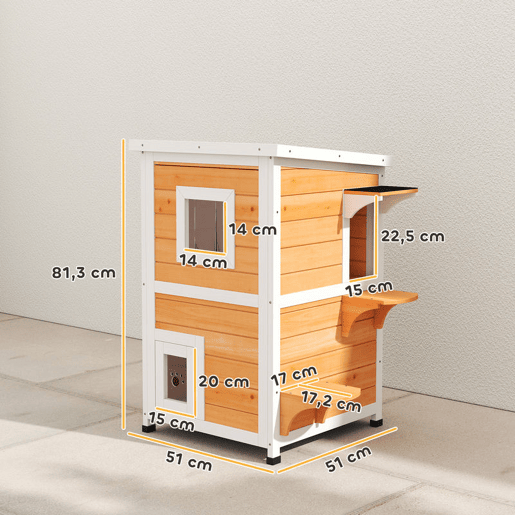 PawHut Casa para Gatos Exterior em Madeira 2 Níveis com Telhado Basculante Painel Central Removível Janelas Portas para Terraço Varanda Jardim 51x51x81,3 cm Madeira